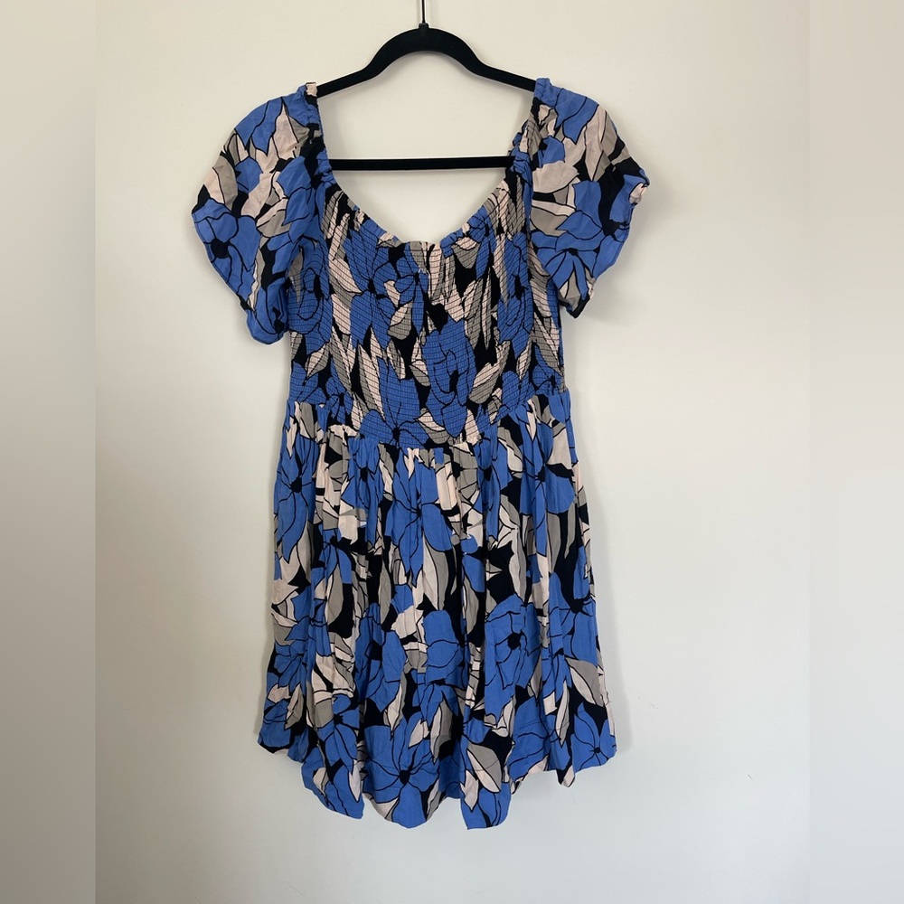 Free People Louise Dress Size Small Smocked Off Shoulder Blue Floral Boho